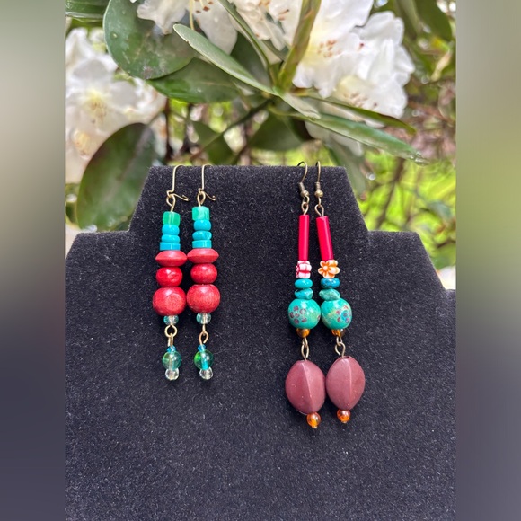 Hand Crafted Jewelry - Tiki Time dangle earrings made with coral, wood, ceramic and turquoise.